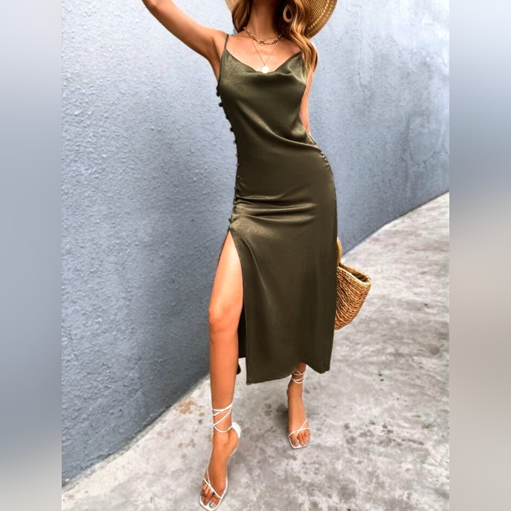 🐰SHEIN Olive Green Satin Slip Dress